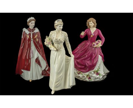 A Fine Trio of Various Ltd and Numbered Edition Hand Painted Figures ( 3 ) In Total. Comprises 1/ Royal Albert Rose, Sculptur