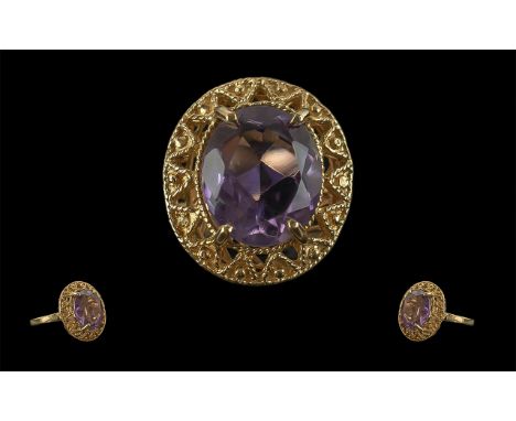 Ladies Attractive 9ct Gold Single Stone Amethyst Set Ring, Full Hallmark to Interior of Shank. The Faceted Amethyst of Good C