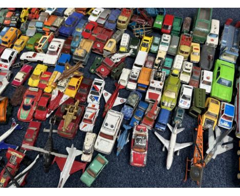 Large Box of Die Cast Models, playworn, includes model cars, vans, aricraft, racing cards, lorries, etc.  All from 1960/80s.