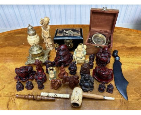 Miscellaneous to include a boxed compass, a brass bound lacquered box, resin Oriental figures, cheroot holders, Buddas, inkwe