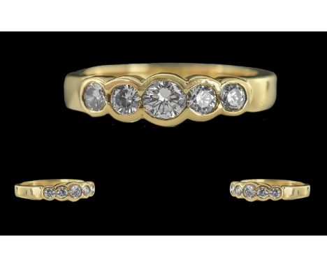 Ladies 18ct Gold Excellent 5 Stone Diamond Set Ring, Marked 750 to Interior of Shank. The Well Matched Pave Set Diamonds of G