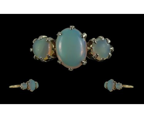 Antique Period Ladies 9ct Gold 3 Stone Opal Set Ring. Marked 9ct to Shank. Well Matched Opals. Ring Size R. Weight 2.7 grams.