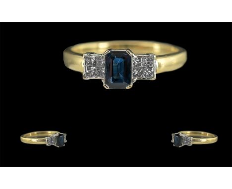 Ladies 18ct Gold Contemporary Blue Sapphire and Diamond Set Dress Ring, Marked 18ct to Interior of Shank. The Central Step-cu