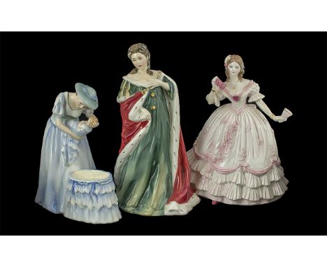 Royal Doulton Trio of Hand Painted Figures ( 3 ) Comprises 1/ Queens of the Realm, Queen Anne, HN3141, Designer P.Parsons, Is
