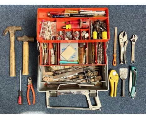 Plastic Toolbox full of vintage tools and accessories.