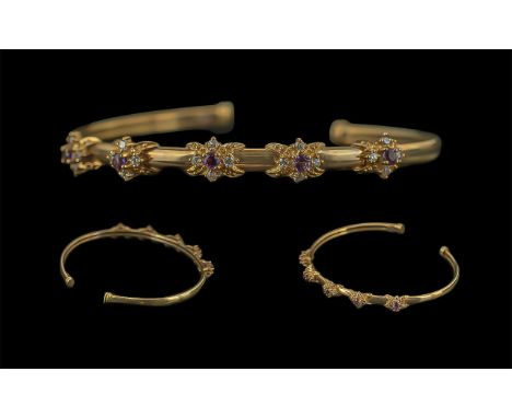 Ladies 9ct Gold Attractive Amethyst and Diamond Set Cuff Bangle, Marked 9ct.  The Amethyst and Diamonds of Good Colour / Clar