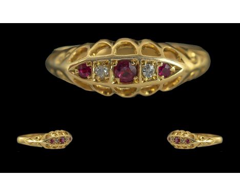 Mid Victorian Period 18ct Gold Ruby and Diamond Set Dress Ring, Raised Open work Setting. Full Hallmark for Birmingham 1857 t