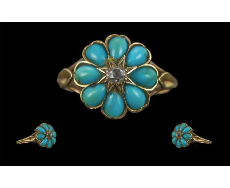 Antique Period Attractive 18ct Gold Turquoise and Diamond Set Ring, flower head design,  ring size M/N, weight 3.5g.