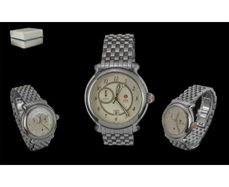 Michele MW Swiss Made CSX Traveller Gents Duel-Time Stainless Steel Wrist Watch. Model No MW03H0, Serial No CT0055, Date of P