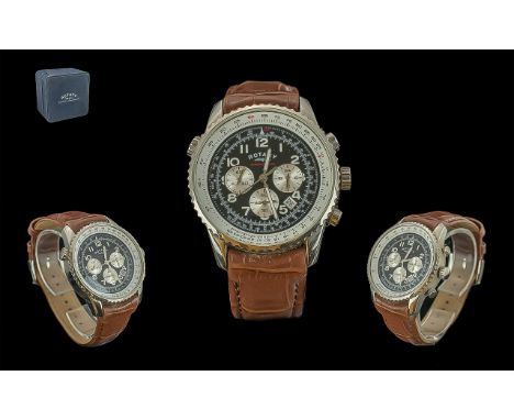 Rotary Chronospeed Gent's Wristwatch, black face, Arabic numerals, subsidiary dials, brown leather strap.  Boxed, with bookle