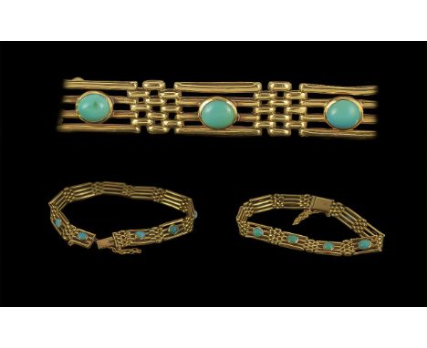 Antique Period Excellent 15ct Gold Turquoise Stone Set Gate Bracelet, marked 15ct, circa 1890s, the well matched turquoise st