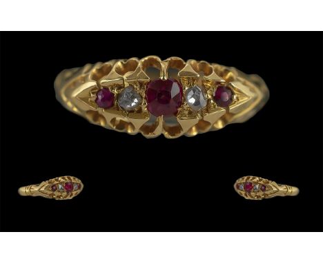 Antique Period Ladies 18ct Gold Ruby and Diamond Set Ring, Raised Open worked Setting, Hallmark Chester 1897, Rubies of Brigh