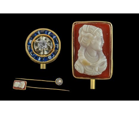 Two Antique Stick Pins. The First With Central Diamond Surrounded By Calibre Cut Sapphires, The Second With Hardstone Cameo S