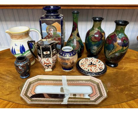 Mixed Lot of Porcelain &amp; Pottery, including Chinese hand painted vase 13'' tall, dark blue with oriental figures decorati