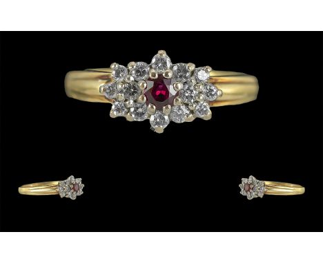 Ladies 18ct Gold - Pleasing 18ct Gold Ruby and Diamond Set Dress Ring. Full Hallmark to Interior of Shank. The Central Small 