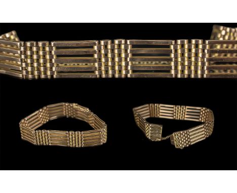 Edwardian Period 1901 - 1910 Ladies 9ct Gold 5 Bar Gate Bracelet with Safety Chain. Marked 9ct. Excellent Warm Coloured Gold,