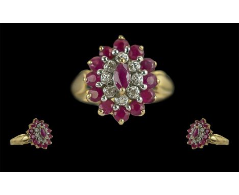 Ladies Attractive 10ct Gold Ruby and Diamond Set Cluster Ring. Marked 10ct to Shank. Ring Size J. Weight 2.3 grams.