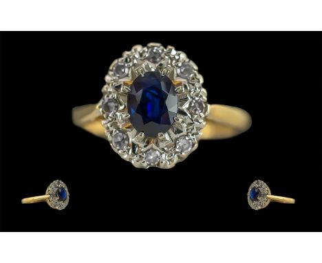 Ladies - Attractive 18ct Gold Sapphire and Diamond Set Cluster Ring, Full Hallmark to Interior of Shank, The Central Blue Sap