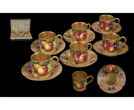 Royal Worcester Signed ( 12 ) Piece Hand Painted Fruits  Boxed Coffee Set, Date 1939,  Artist Signed A. Shuck, Ref No 9535 ' 