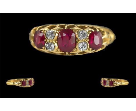 Antique Period Ladies 18ct Gold Ruby and Diamond Set Ring, Raised Open Worked Setting, Full Hallmark for Birmingham 1885, 18c