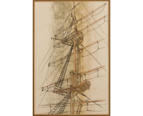 R KEARNEY (20TH CENTURY) Rigging study, signed and dated 1967, pen, ink and watercolour, 54 x 34cm; and a monochrome print af