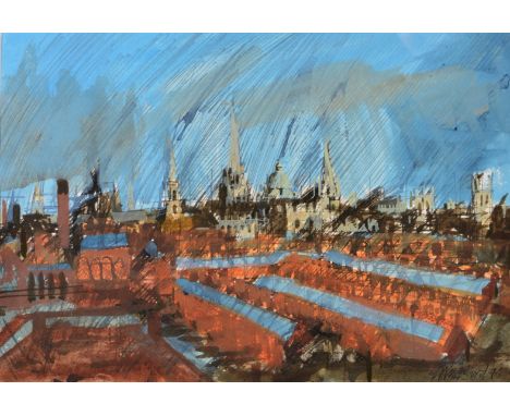 WILLIAM BIRD (20TH/21ST CENTURY) View of Oxford from a railway carriage looking towards Morrell's Brewery and the Oxpens with