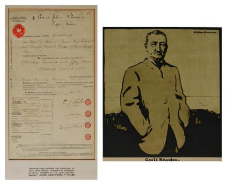 WILLIAM NICHOLSON 'Cecil Rhodes', print in colours, 25 x 22.5cm; and a transfer deed bearing the signature of Cecil John Rhod