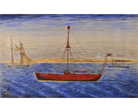 19TH CENTURY NAIVE SCHOOL The light ship 'Cockle' off the coast of Great Yarmouth', watercolour, 32 x 52cm