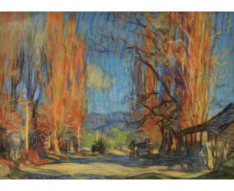 CHARLES WHEELER An Australian landscape with tall trees, buildings and tractor, signed, pastels, 22 x 29.5cm
