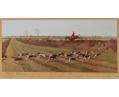AFTER CECIL ALDIN Across the hedge, colour print, pencil signed in the margin and numbered '33', 14 x 30cm; another similar, 