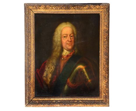 CIRCLE OF HYACINTH RIGAUD (1659-1743) Portrait of a gentleman with long hair wearing armour with an ermine sash, oils on canv