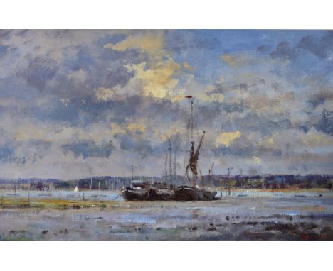 MATTHEW ALEXANDER (20TH CENTURY) Silver Light in Pin Mill, signed, oils on board, 30 x 45cm Ex. Thompsons, Marylebone