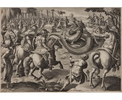 KAREL VAN MALLERY AFTER J STRADANUS Attillus Romanus and his army destroy a large African serpent, engraving, 19 x 26cm