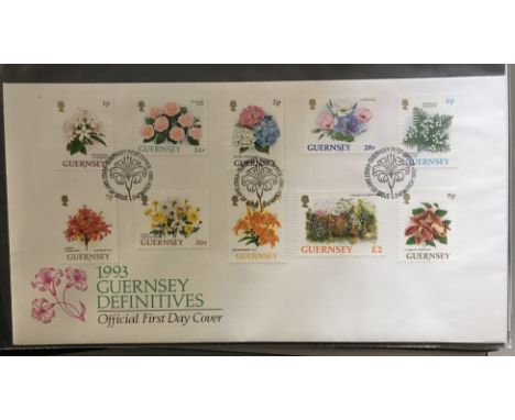 Guernsey 1982-1993, A collection of packs &amp; First Day Covers in three albums, values to £2. Several Alderney (100+)