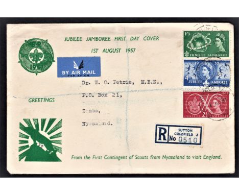 Scouting 1957 Jubilee First Day Cover with Jamboree set of Great Britain, Registered Sutton Coldfield with Sutton Coldfield F