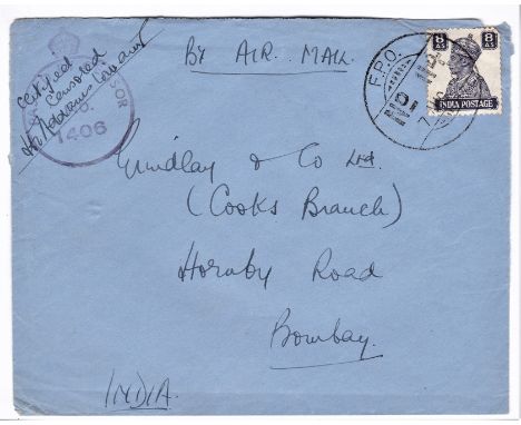 British Forces Egypt 1942 envelope posted airmail to Bombay cancelled FPO No 114 (Qassim Egypt) 8a definitive censor cachet w