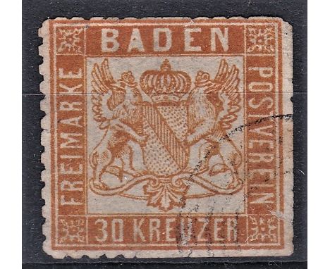 German States Baden 1862 SG 38 used 30K. Cat £3000, minor fault
