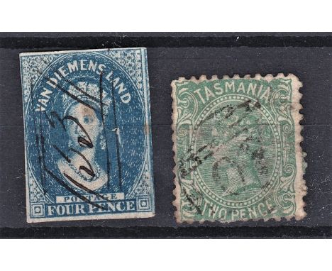 Australia (Tasmania) Van Diemans Land 1855 definitive SG 17 4d manuscript cancel and 1871 definitive SG 151 used 2d. Cat £270