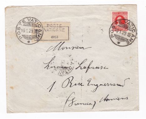 Vatican City 1929 Registered envelope posted to Amiens France, cancelled Vatican post on SG 11 2150 definitive and Vatican Po