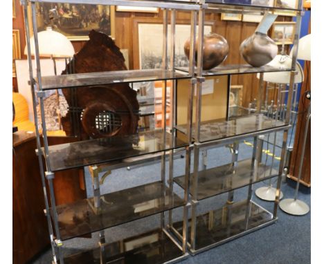 Pair of Pieff of Worcester mid 20th century modern contemporary chromed metal and glass shelves, 179cm tall, 85cm wide Please