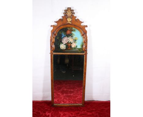 Victorian mahogany French style trumeau pier mirror the fret cut top decorated with helmet and plume finial above floral stil