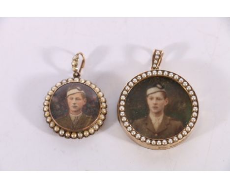 9ct yellow gold locket with seed pearl border containing portrait miniature on ivory of Tom Lawrie in army dress who was kill