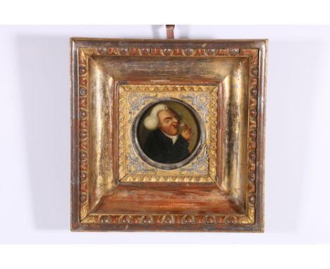 19th CENTURY SCHOOL,&nbsp;Miniature portrait of a gentleman drinking a glass of red wine,&nbsp;Unsigned oil on circular metal