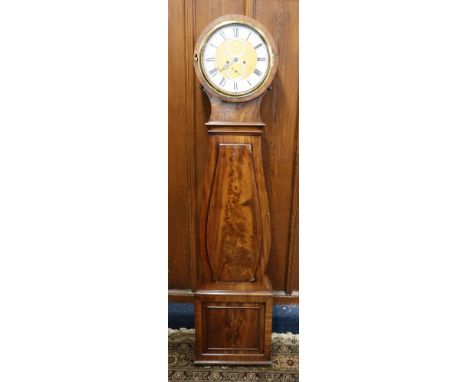 Antique mahogany cased drum head longcase Grandfather clock, the silvered dial with Roman numeral chapter ring and two subsid