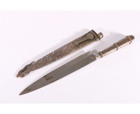 South American Gaucho knife by AE&amp;Co (possibly Abramo Eberle e Companhia), the white metal scabbard decorated with huntin