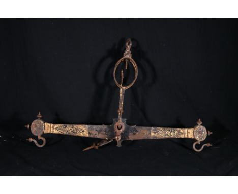 19th century gilded wrought iron balance scales, possibly for a Butcher, 85cm long 