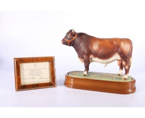 Royal Worcester porcelain model of a Dairy Shorthorn Bull modelled by Doris Lindner on wooden plinth base with certificate of