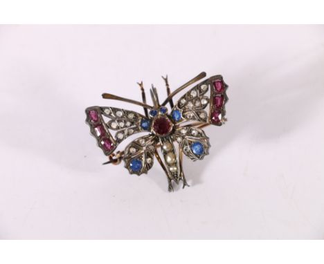 Antique white metal ruby, diamond, sapphire and pearl butterfly combination brooch or pendant 16.3g gross, 4.5cm x 3.5cm 