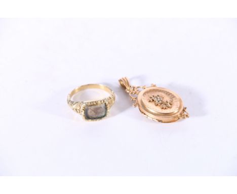 Georgian yellow metal mourning ring with braided hair compartment, size R/R, 4.4g and a unhallmarked yellow metal seed pearl 