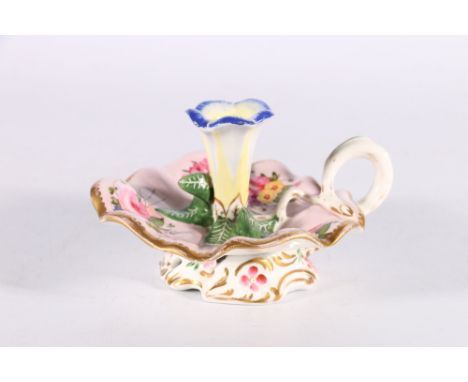 Antique Spode porcelain chamberstick decorated with hand painted botanical sprays, the candle holder modelled as a trumpet sh